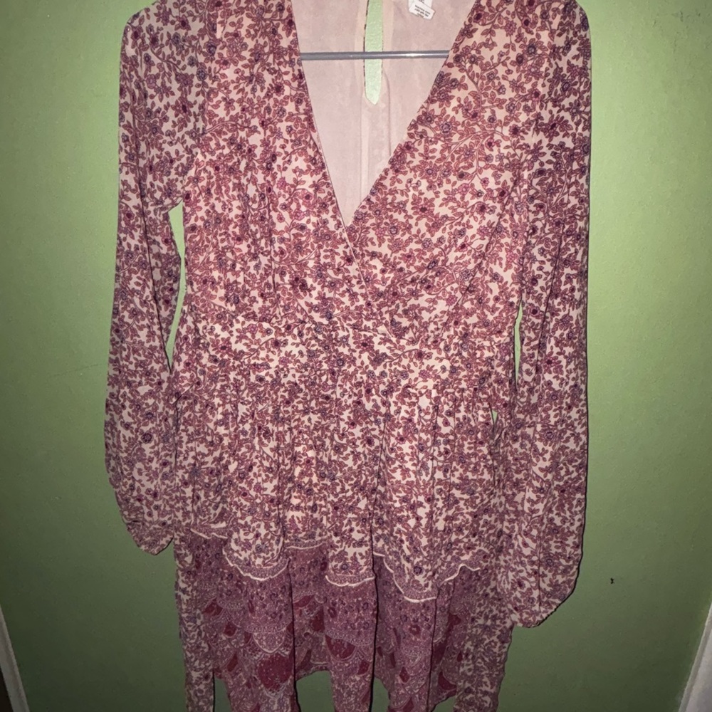 Pink and Purple Ruffled Long Sleeve Sundress with V-Neck for Wedding Guest